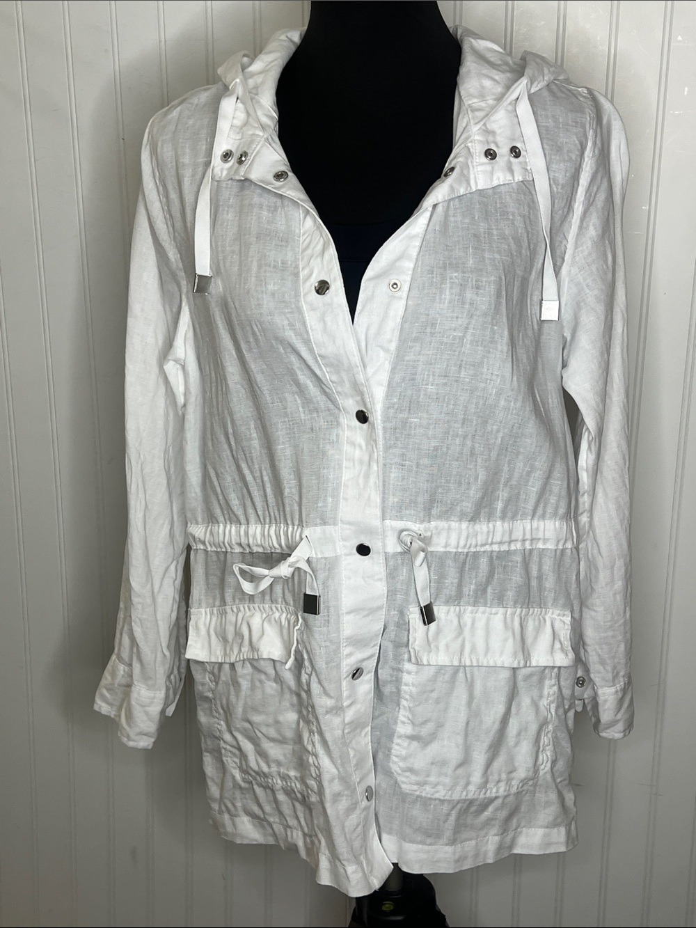 White Linen Hooded Drawstring Jacket Size Medium